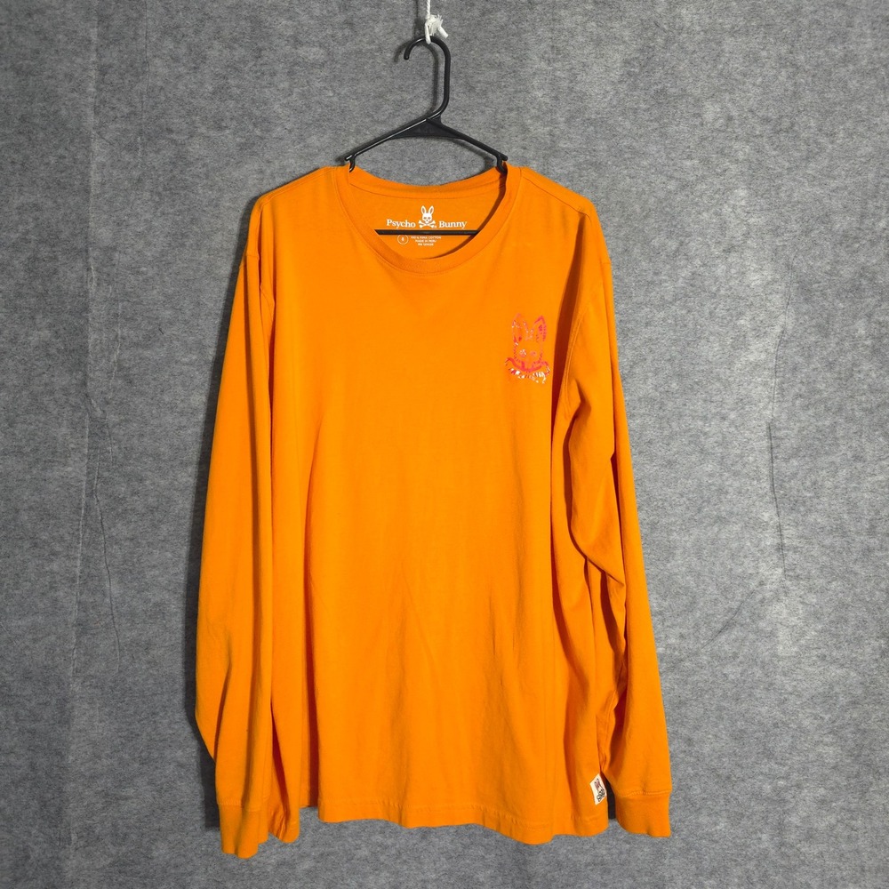 Psycho Bunny Long Sleeve T-Shirt Mens 8 Orange Graphic Logo Pima Cotton Peru Tee